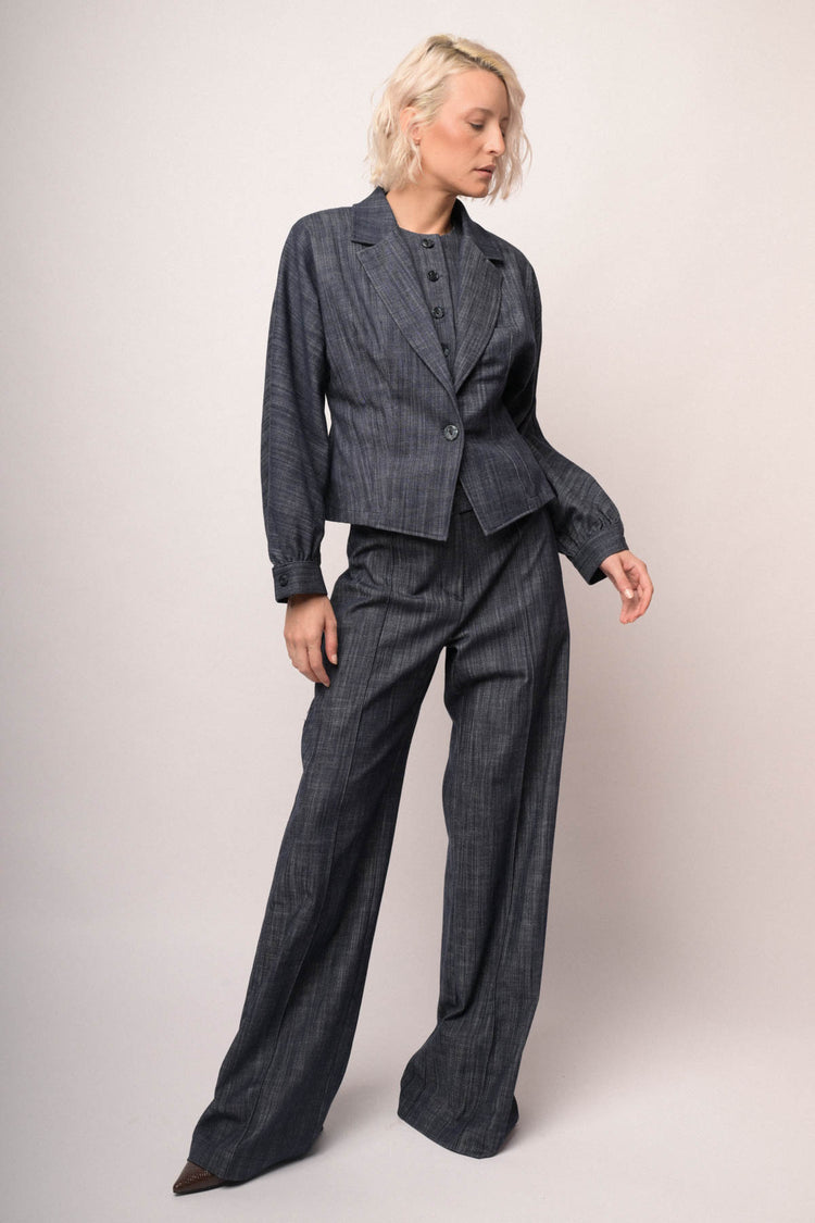 Blazer effetto denim blu con maniche a palloncino
