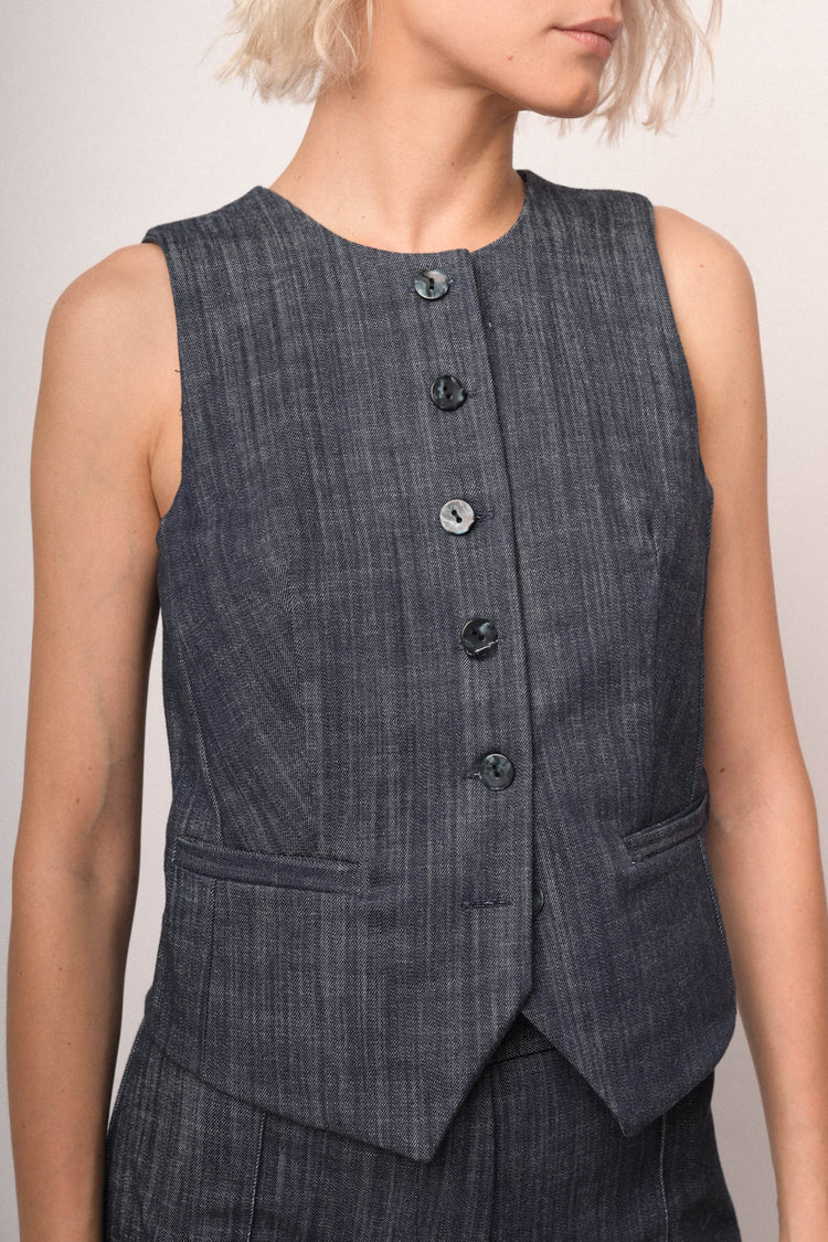 Gilet effetto denim blu con scollo tondo