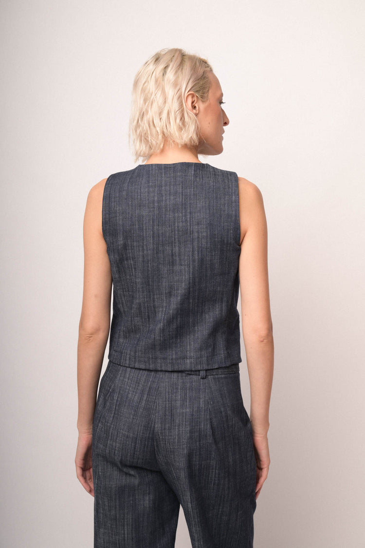 Gilet effetto denim blu con scollo tondo