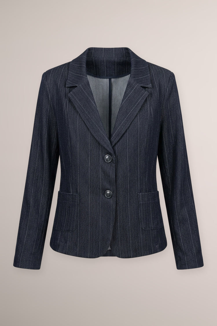 Blazer blu gessato con maniche crop e arricciate