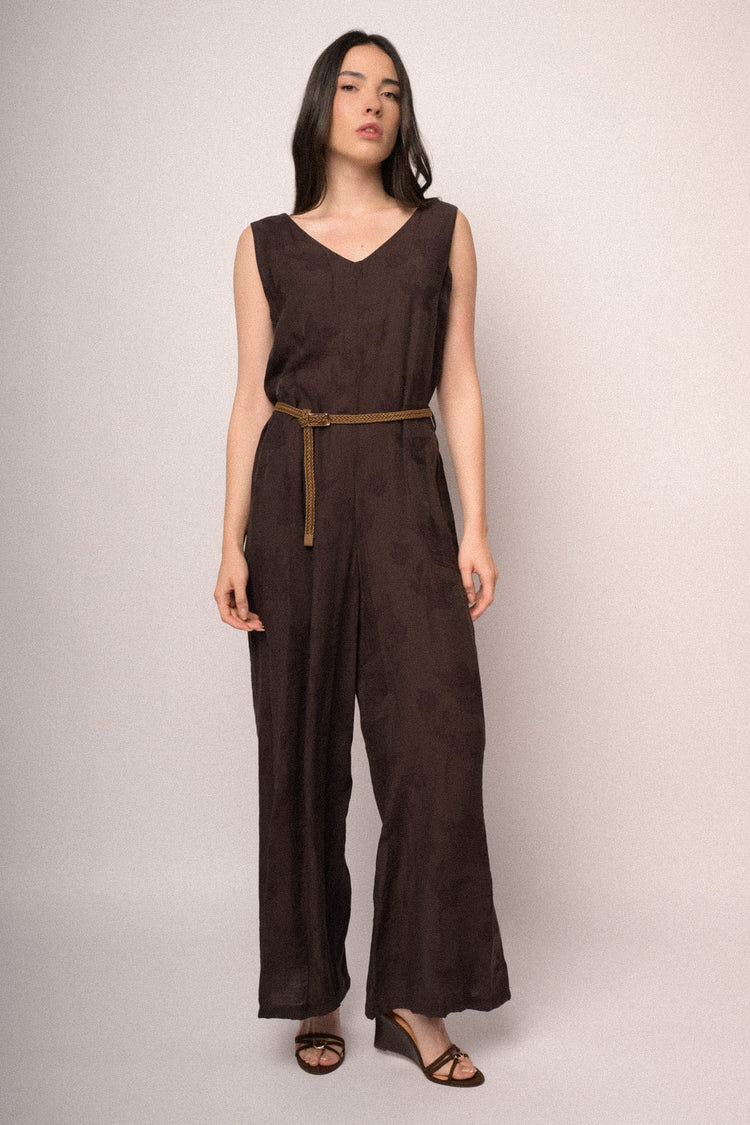 Tuta in jacquard foliage cioccolato con cintura