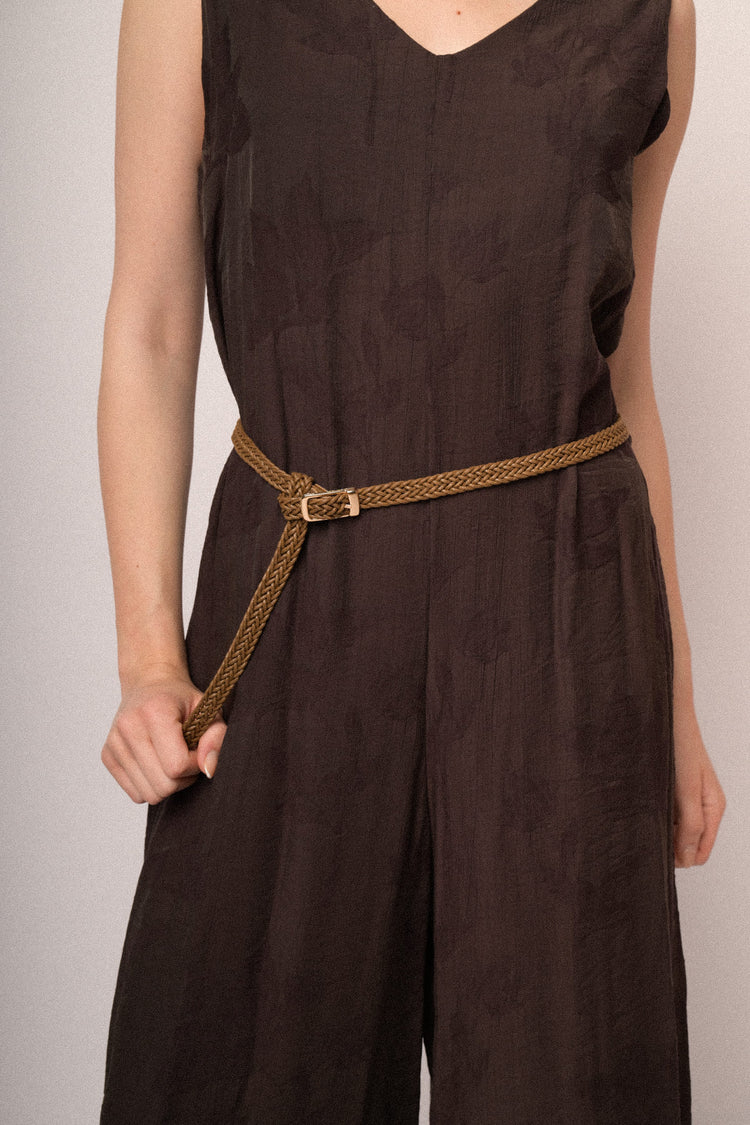 Tuta in jacquard foliage cioccolato con cintura
