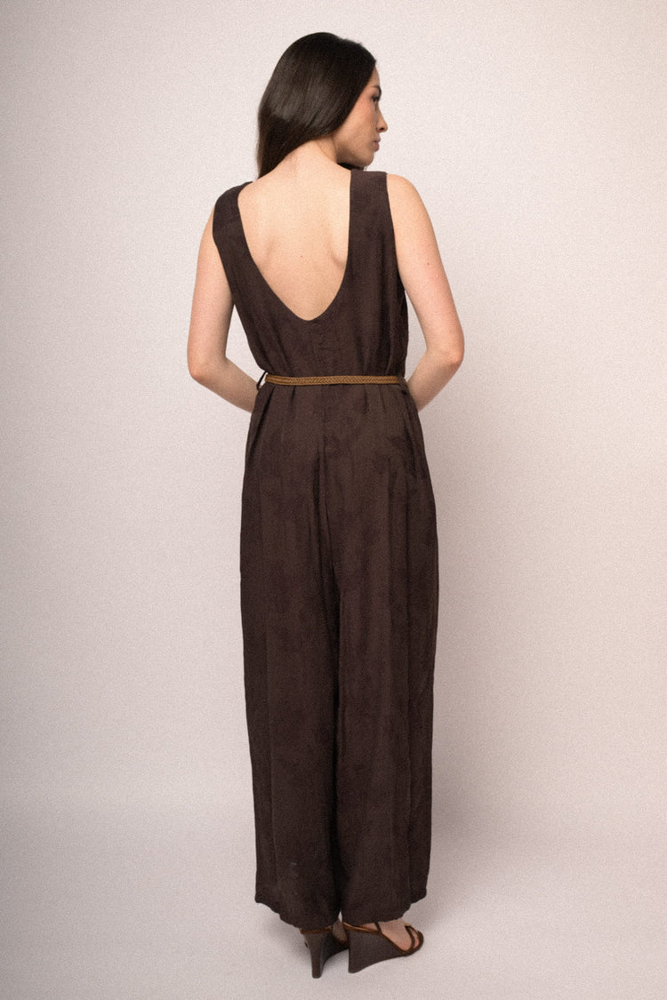 Tuta in jacquard foliage cioccolato con cintura