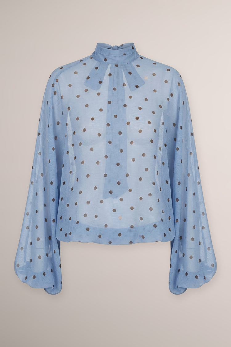 Blusa oversize blu denim con stampa pois e fiocco sul retro