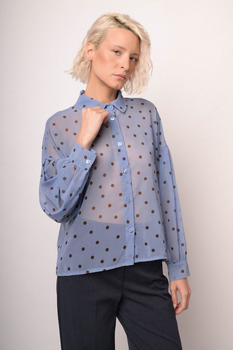 Camicia blu denim con stampa  pois