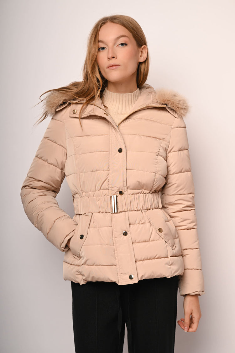 Piumino corto con cappuccio bordato in faux fur