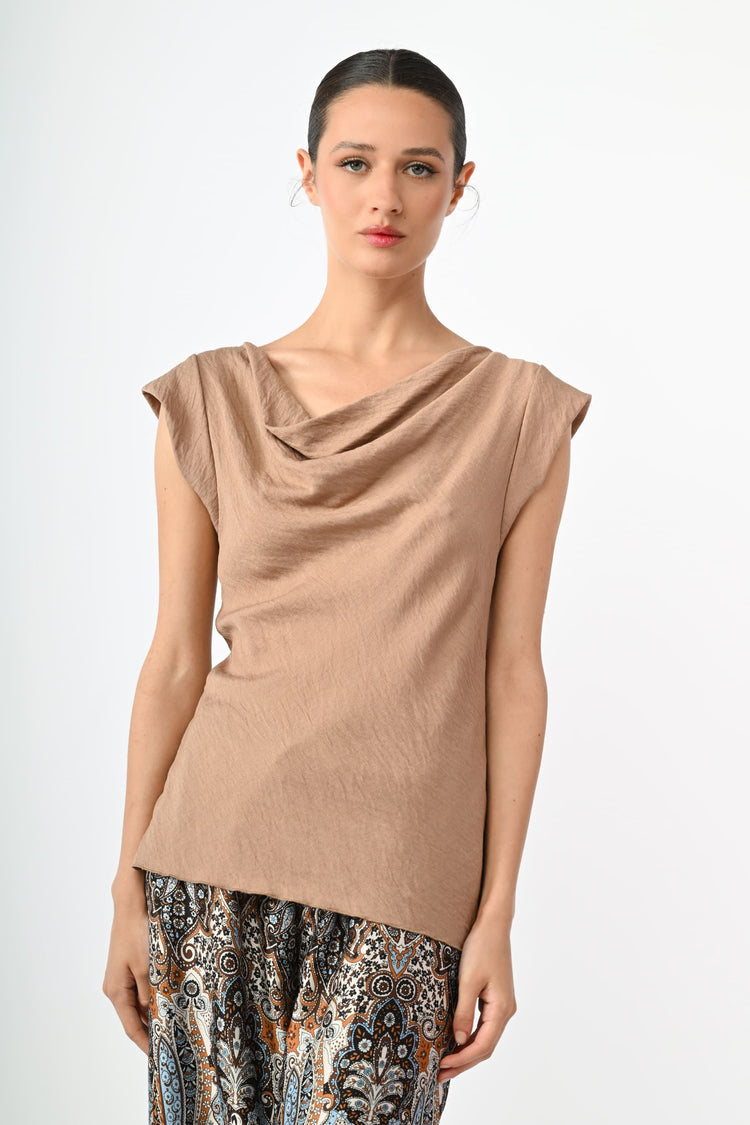 Top misto viscosa con scollo drappeggiato