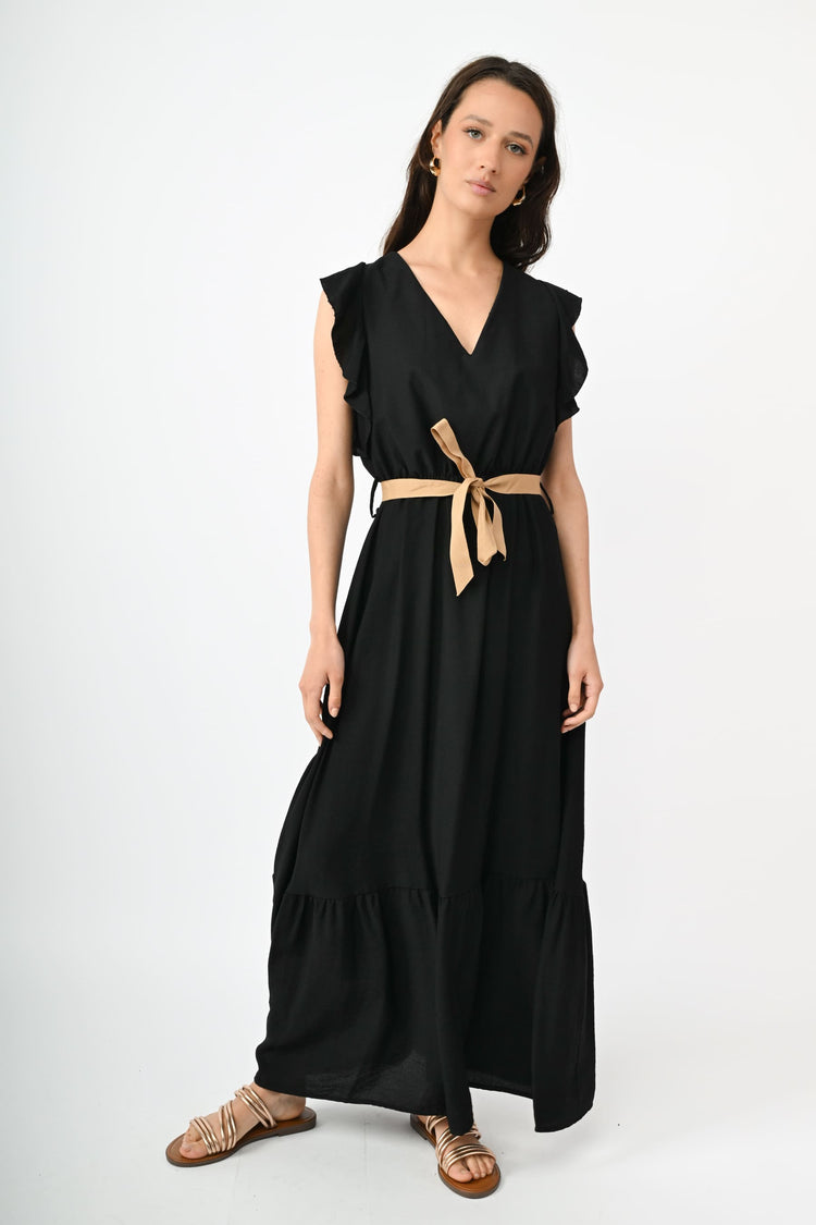 Abito lungo misto viscosa con cintura