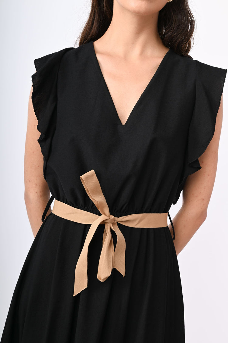 Abito lungo misto viscosa con cintura