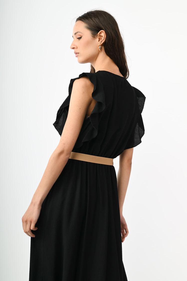 Abito lungo misto viscosa con cintura