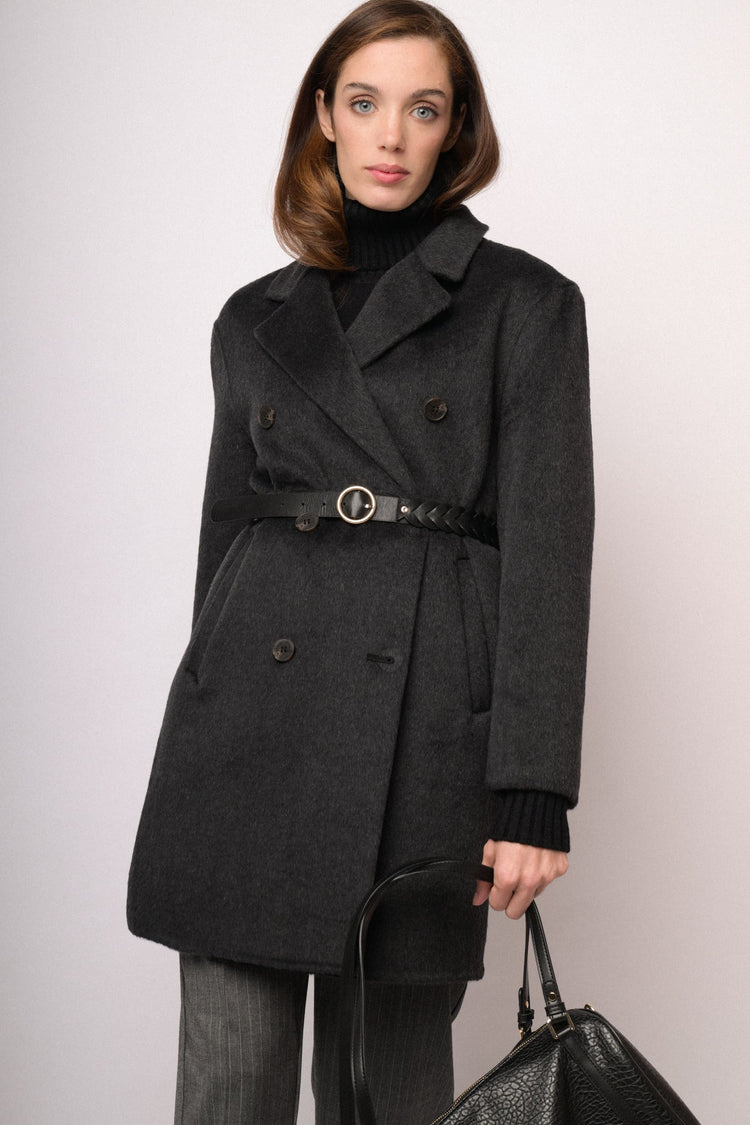 Cappotto doppiopetto nero in misto lana