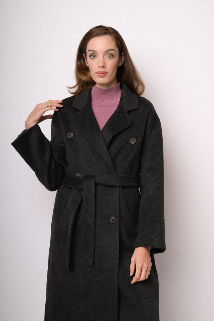 Cappotto lungo doppiopetto nero con cintura