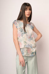 Top in georgette a stampa floreale effetto acquerello multicolor