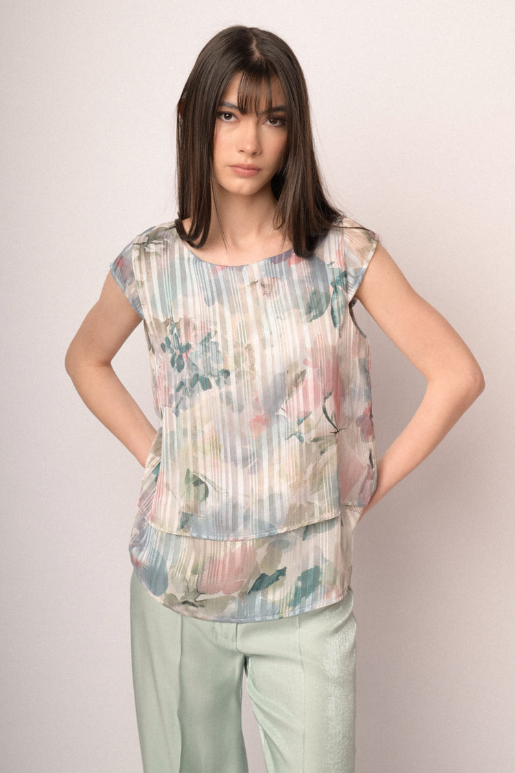 Top in georgette a stampa floreale effetto acquerello multicolor
