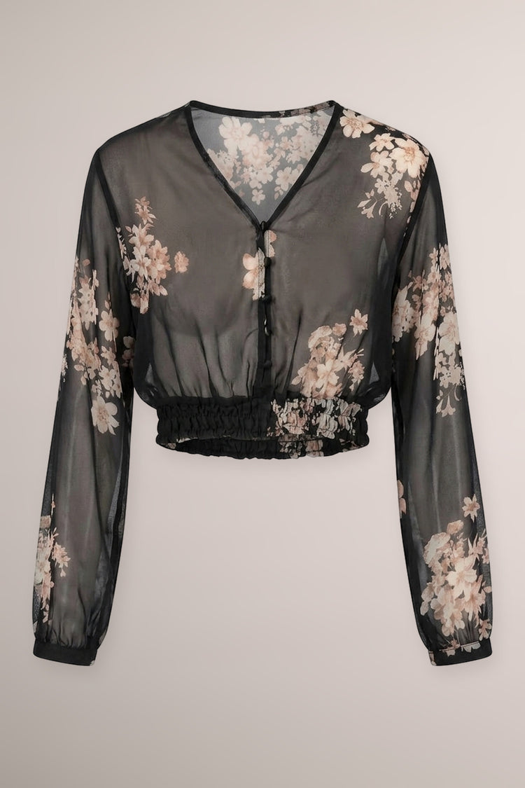 Top crop in tulle trasparente a stampa floreale nero/multicolor