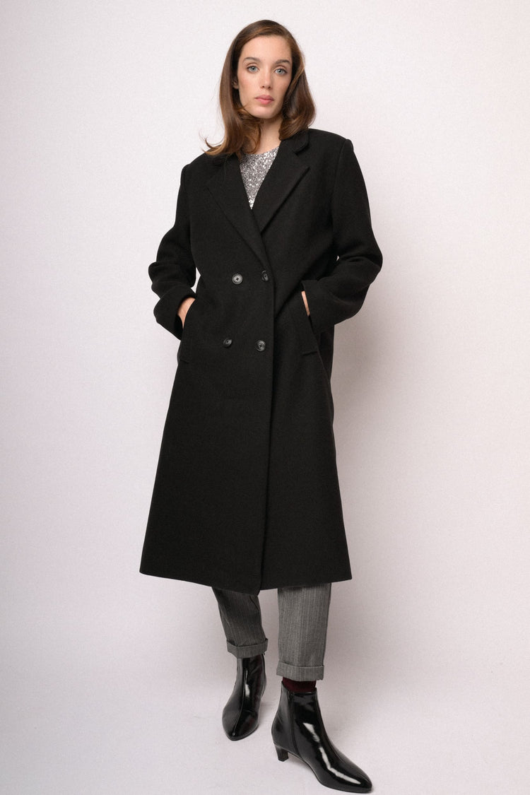 Cappotto lungo doppiopetto nero in misto lana