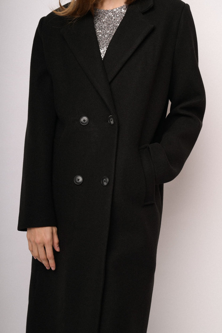 Cappotto lungo doppiopetto nero in misto lana