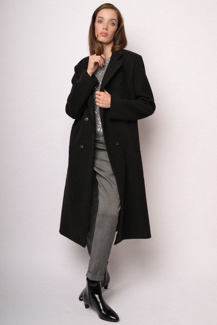 Cappotto lungo doppiopetto nero in misto lana