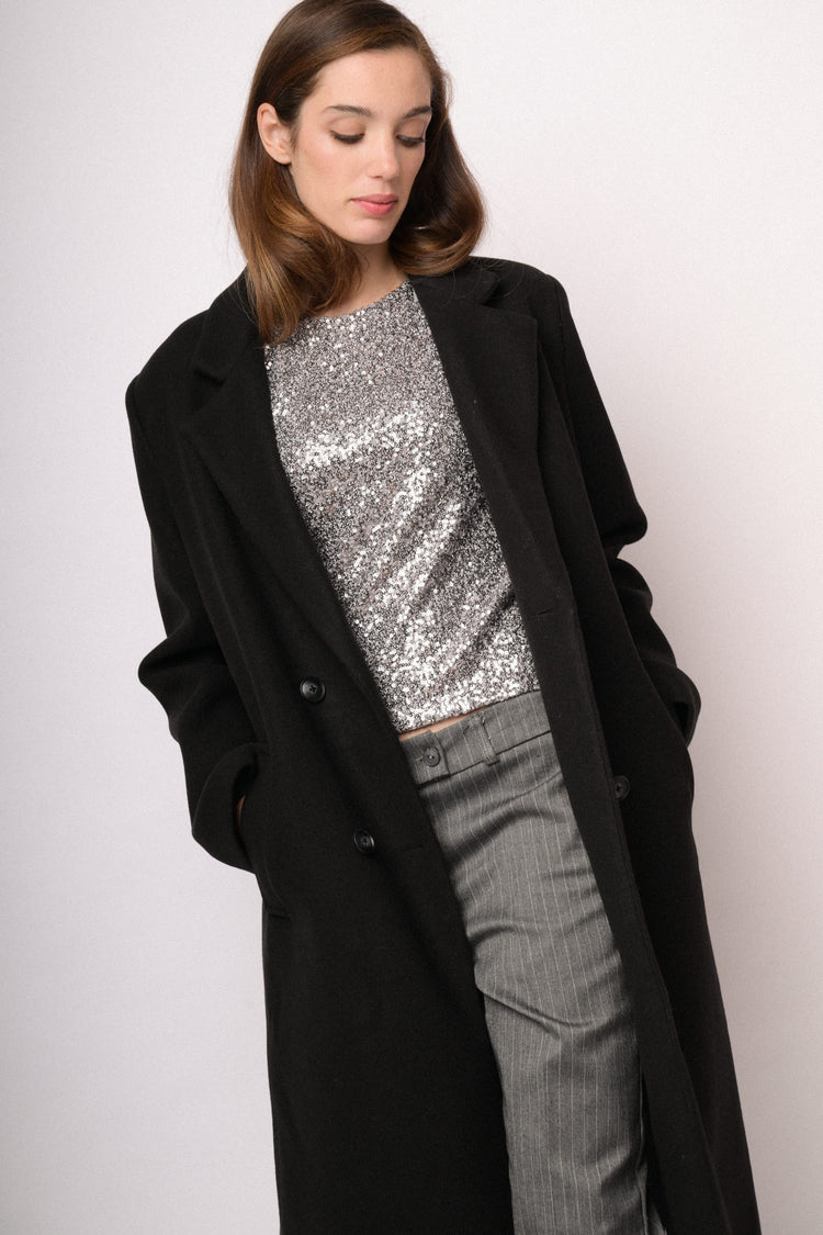 Cappotto lungo doppiopetto nero in misto lana