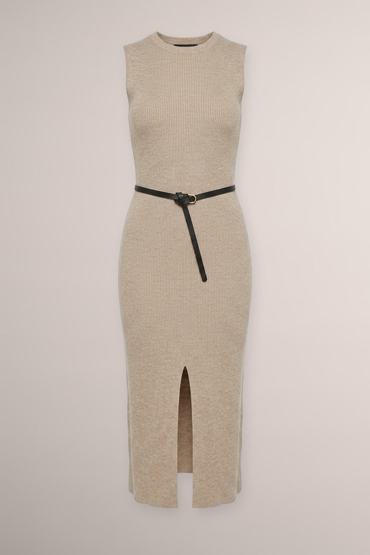 Abito midi in maglia beige con cintura