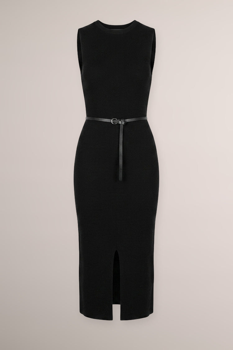 Abito midi in maglia nera con cintura