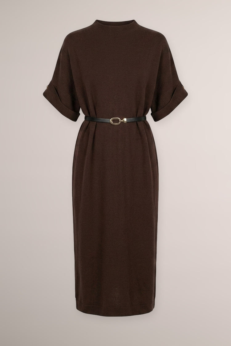 Abito midi in maglia cioccolato con cintura