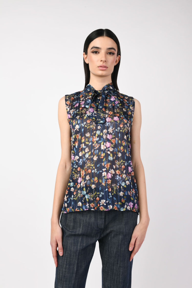 Top a stampa floreale lamé