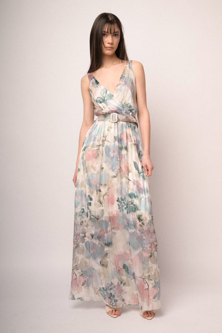 Abito lungo in georgette a stampa floreale effetto acquerello multicolor