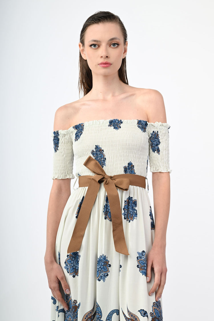 Abito lungo a stampa etnico-floreale