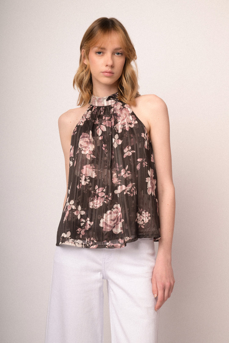 Top halter in georgette lurex a stampa floreale cioccolato