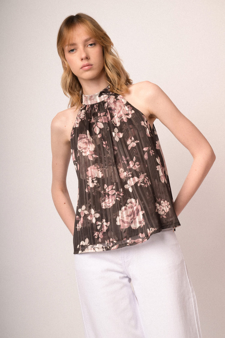 Top halter in georgette lurex a stampa floreale cioccolato