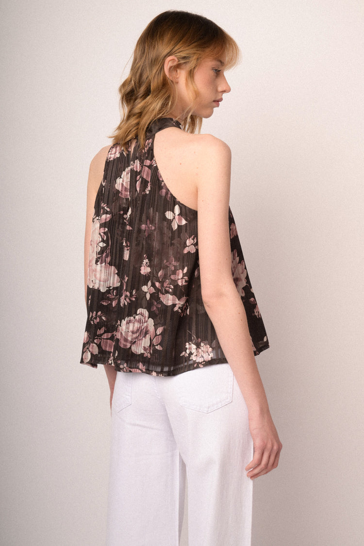 Top halter in georgette lurex a stampa floreale cioccolato