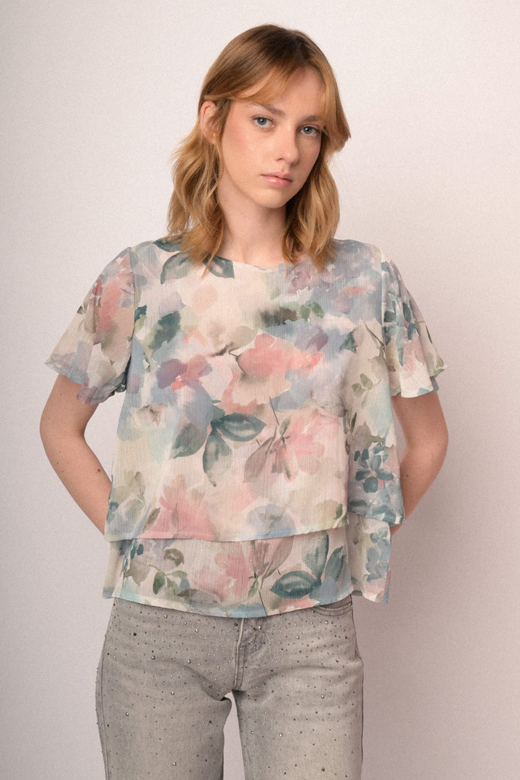 Top in chiffon a stampa floreale multicolor effetto acquerello