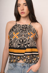 Top halter in cotone a stampa etnica multicolor