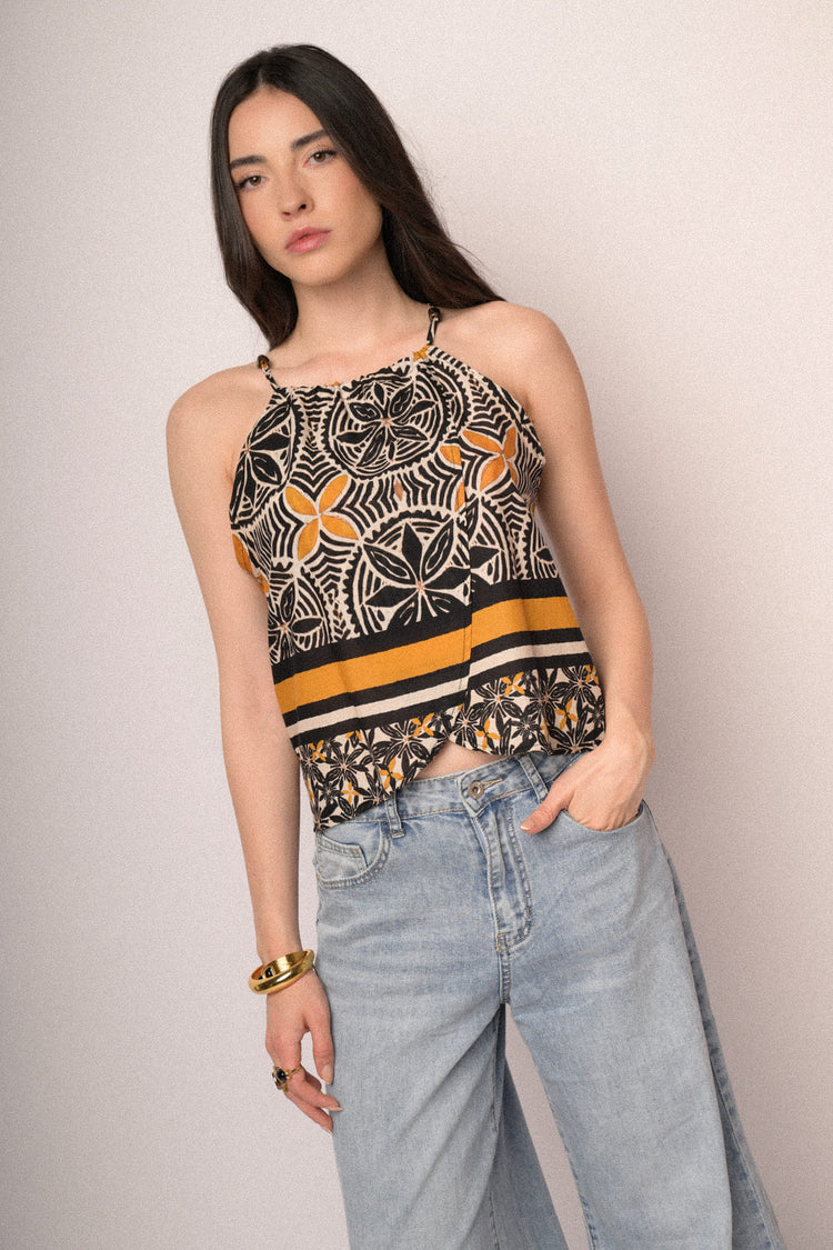 Top halter in cotone a stampa etnica multicolor