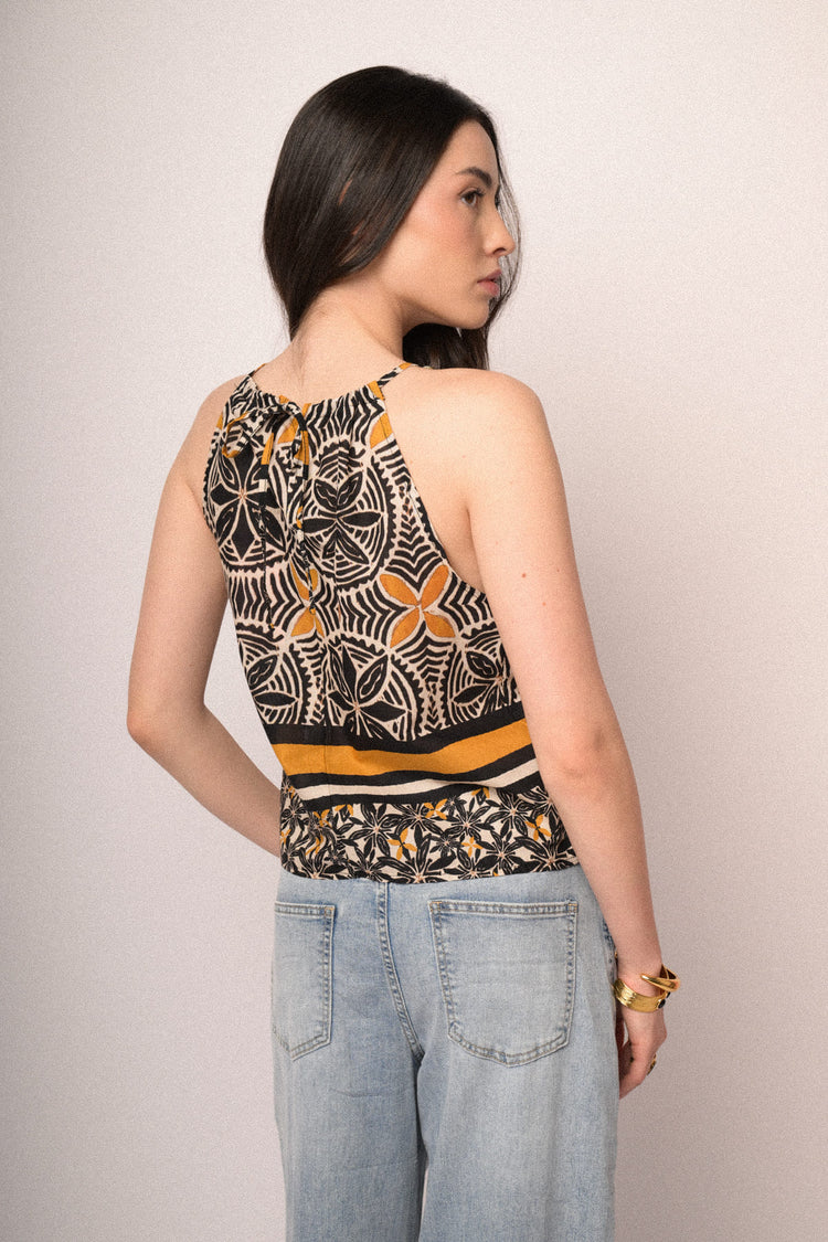 Top halter in cotone a stampa etnica multicolor