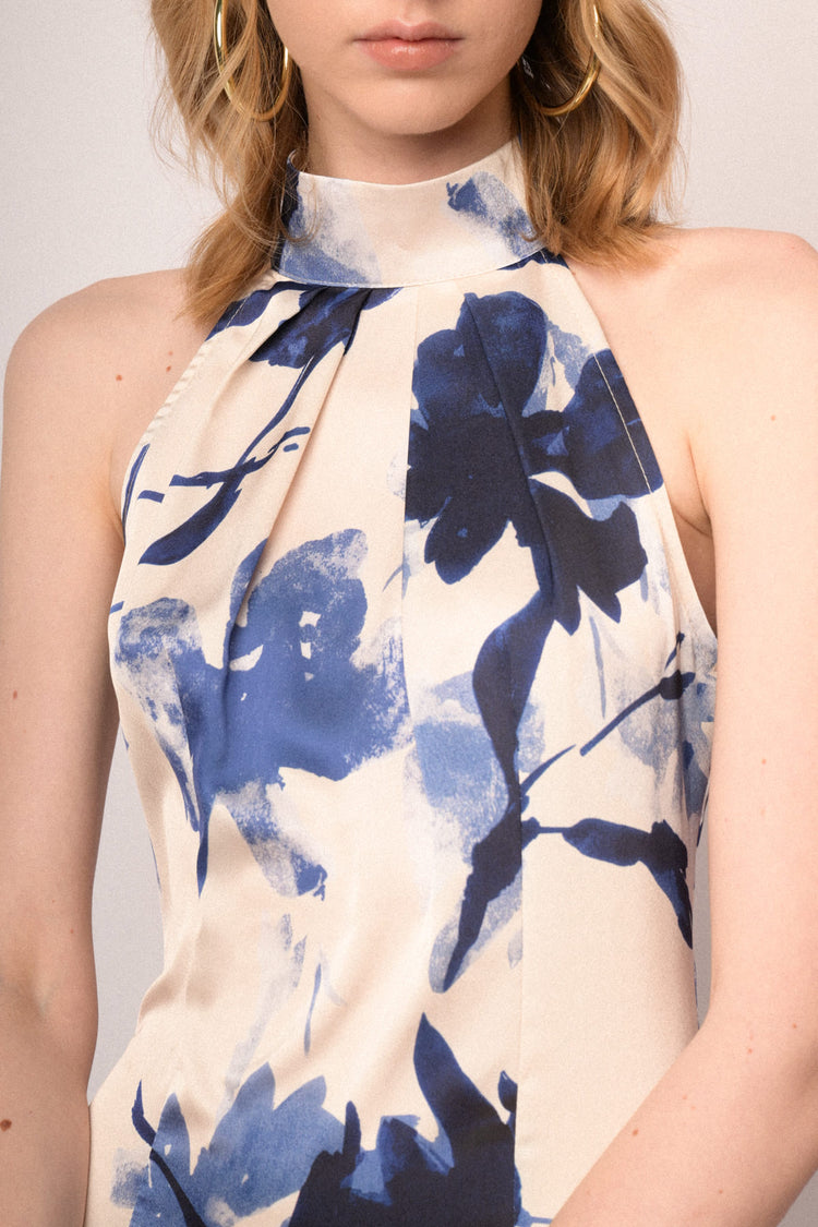 Abito halter lungo in raso a stampa floreale multicolor