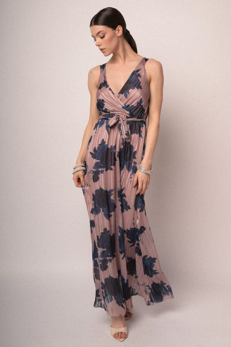Abito stampa fiori lungo con cintura
