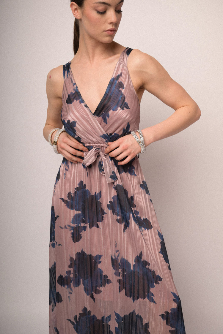 Abito stampa fiori lungo con cintura