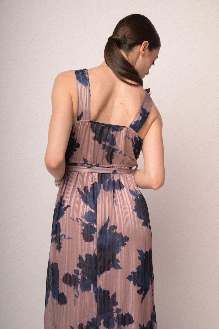 Abito stampa fiori lungo con cintura