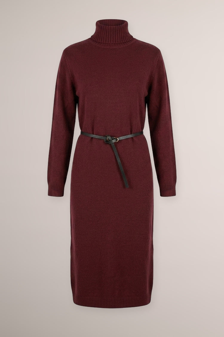 Abito midi in maglia bordeaux con collo alto e cintura