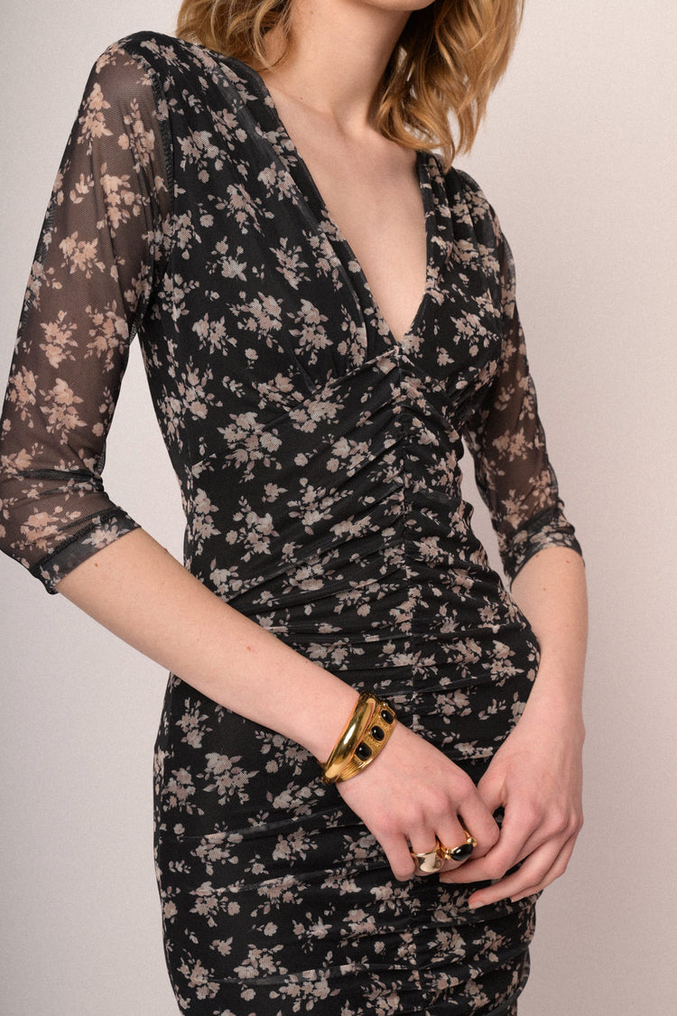 Mini abito a tubino in tulle arricciato a stampa floreale nero