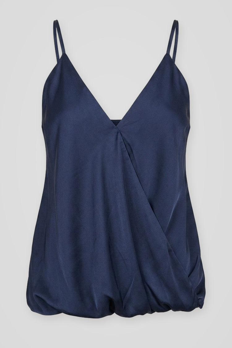 Top in raso blu con scollo a V incrociato