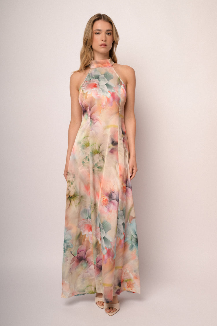 Abito halter lungo in raso a stampa floreale multicolor