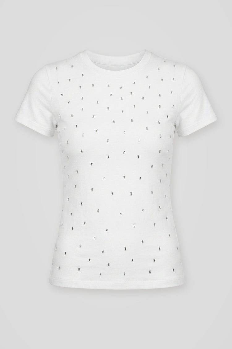 Body t-shirt in cotone bianco con strass