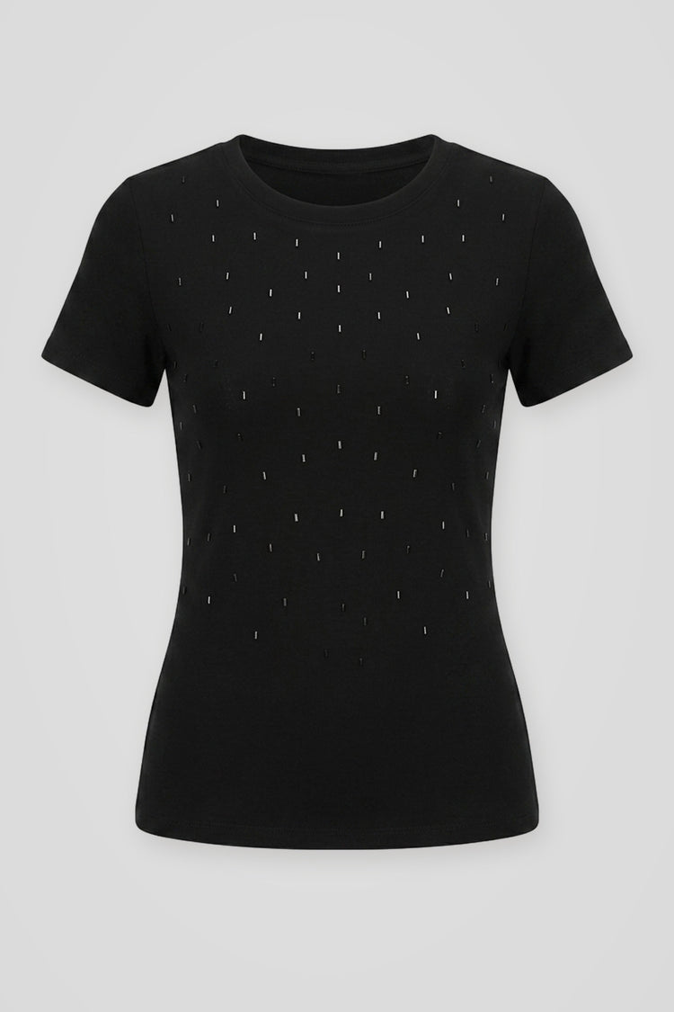 Body t-shirt in cotone nero con strass