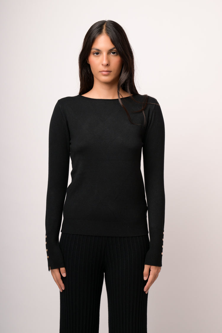 Pull basic girocollo nero con bottoni dorati