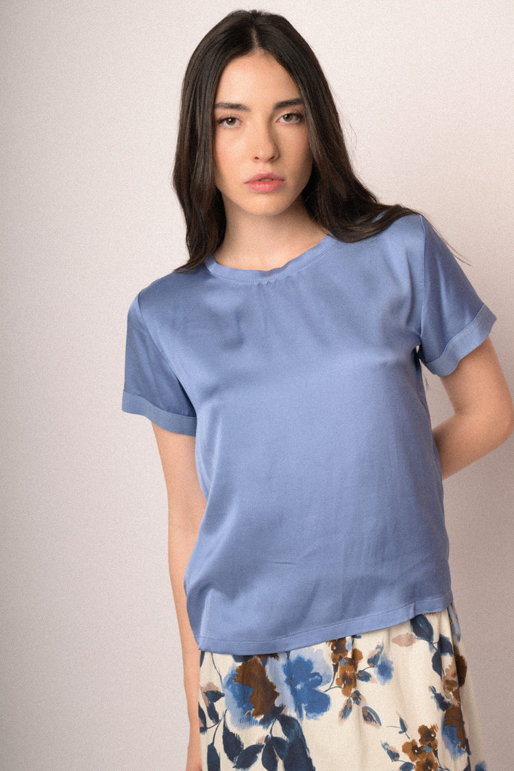 T-shirt in raso di viscosa azzurro