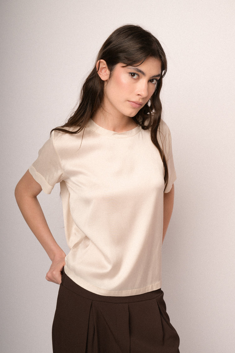 T-shirt in raso di viscosa beige