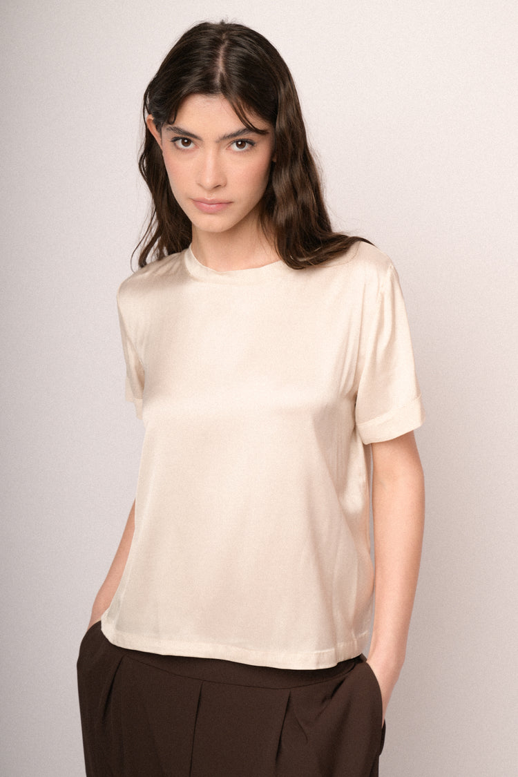 T-shirt in raso di viscosa beige